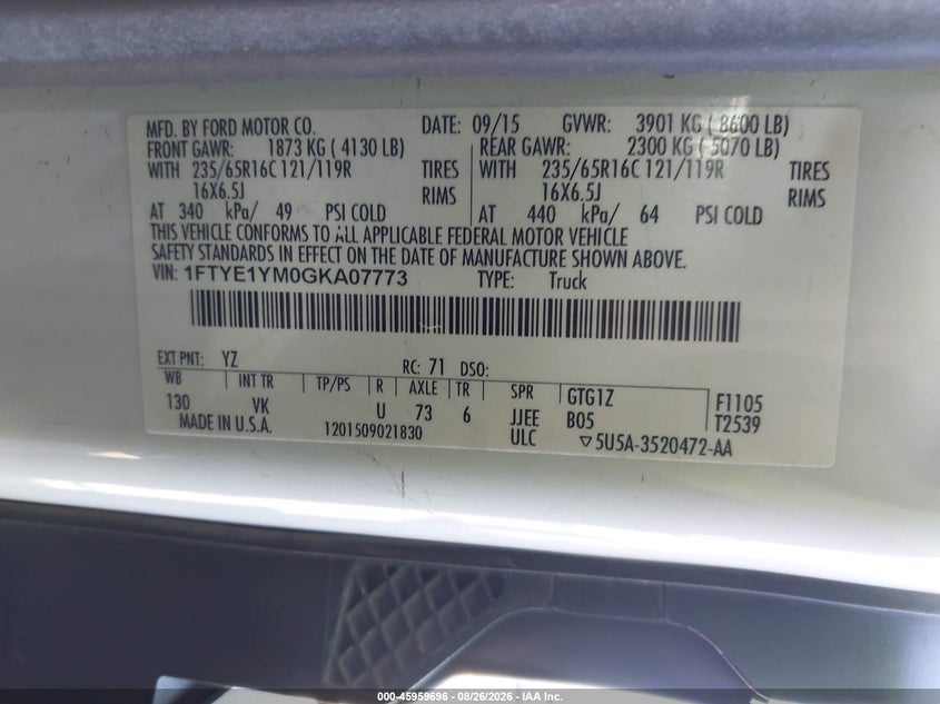 FORD TRANSIT-150 2016 VIN 1FTYE1YM0GKA07773