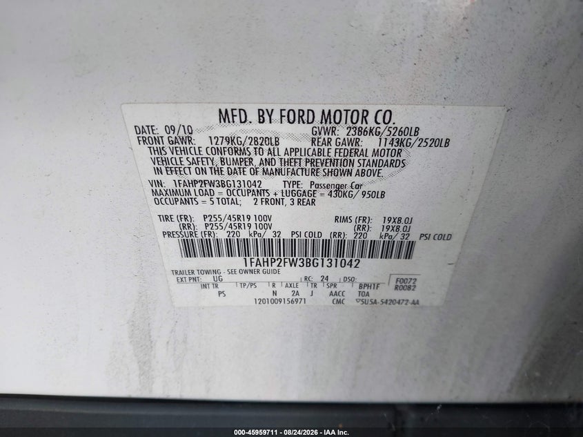 FORD TAURUS 2011 VIN 1FAHP2FW3BG131042