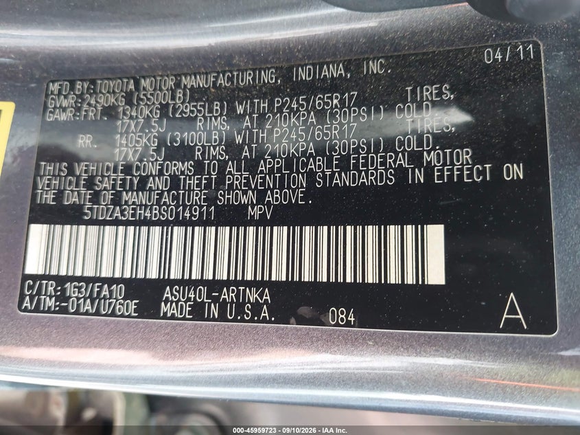2011 TOYOTA HIGHLANDER auction photo 8