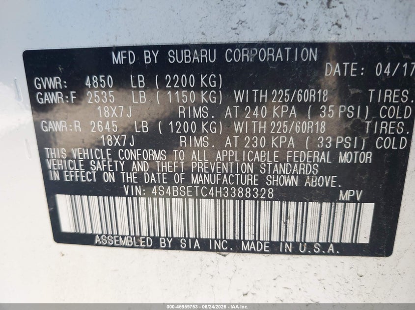 SUBARU OUTBACK 2017 VIN 4S4BSETC4H3388328
