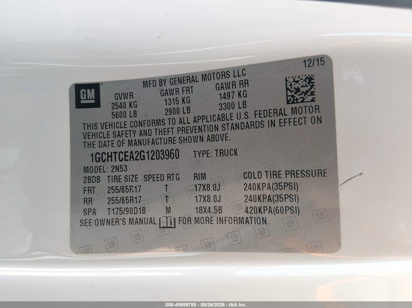 CHEVROLET COLORADO 2016 VIN 1GCHTCEA2G1203960