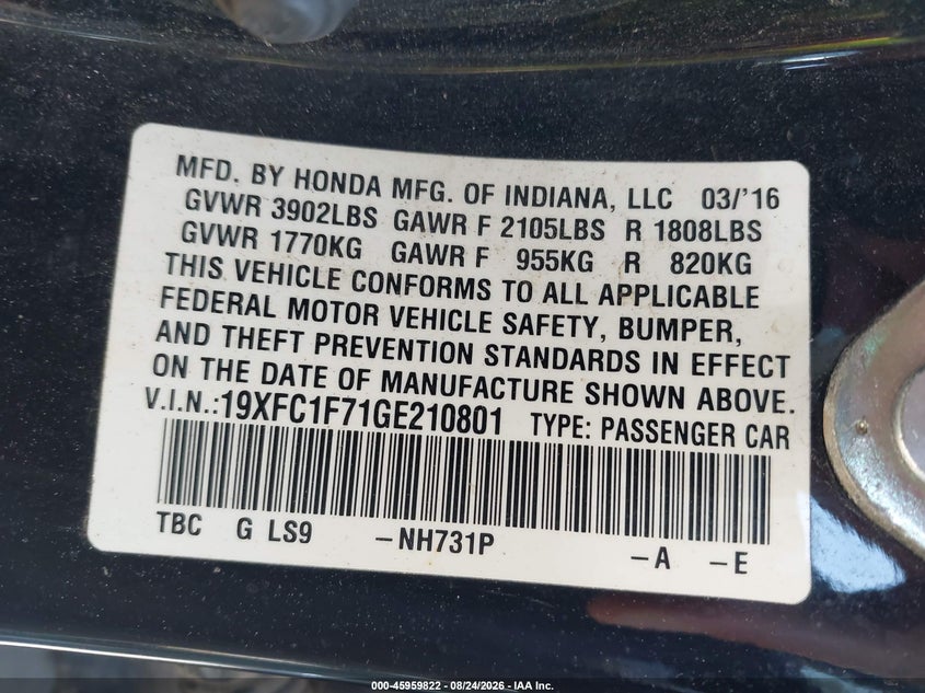2016 HONDA CIVIC SEDAN 1.5L I-4 DI, DOHC, VVT, TURBO, 174HP