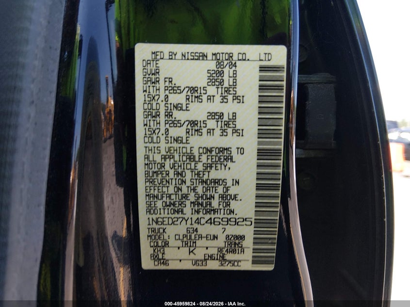 2004 NISSAN NAVARA (FRONTIER) PICKUP 3.3L V-6 REGULAR , 180HP