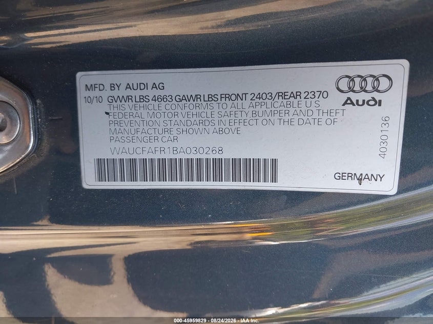 AUDI A5 2011 VIN WAUCFAFR1BA030268