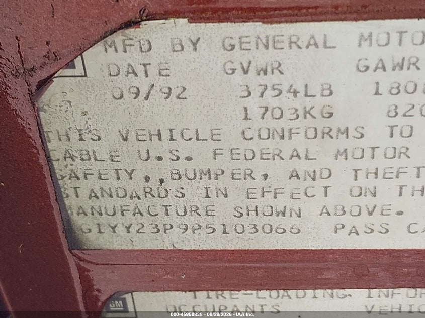 CHEVROLET CORVETTE 1993 VIN 1G1YY23P9P5103066