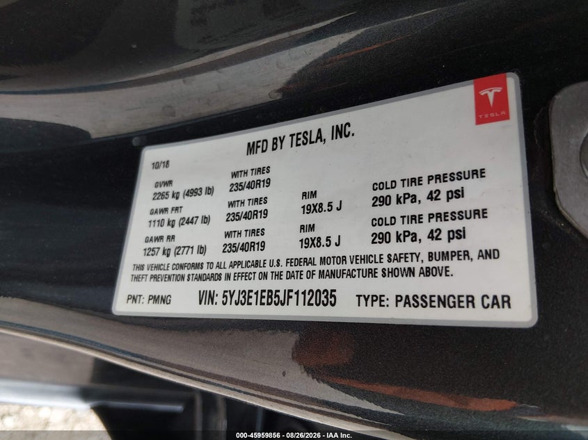 TESLA MODEL 3 2018 VIN 5YJ3E1EB5JF112035