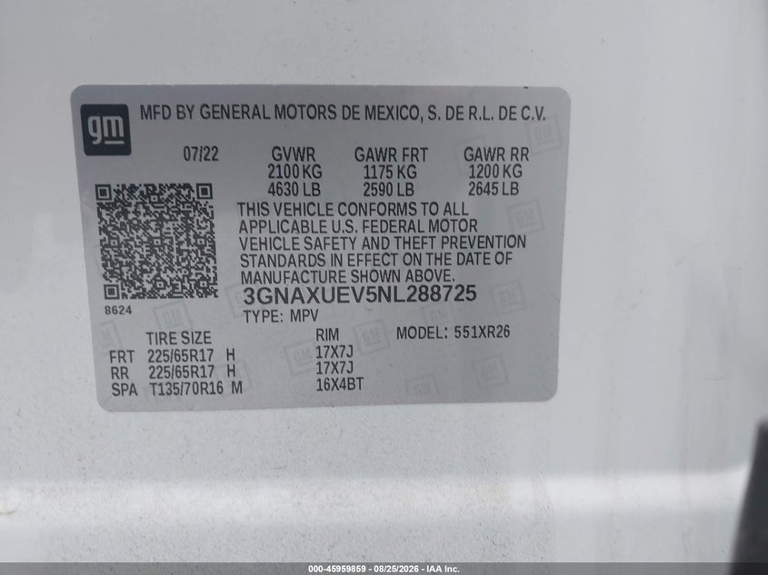 CHEVROLET EQUINOX 2022 VIN 3GNAXUEV5NL288725