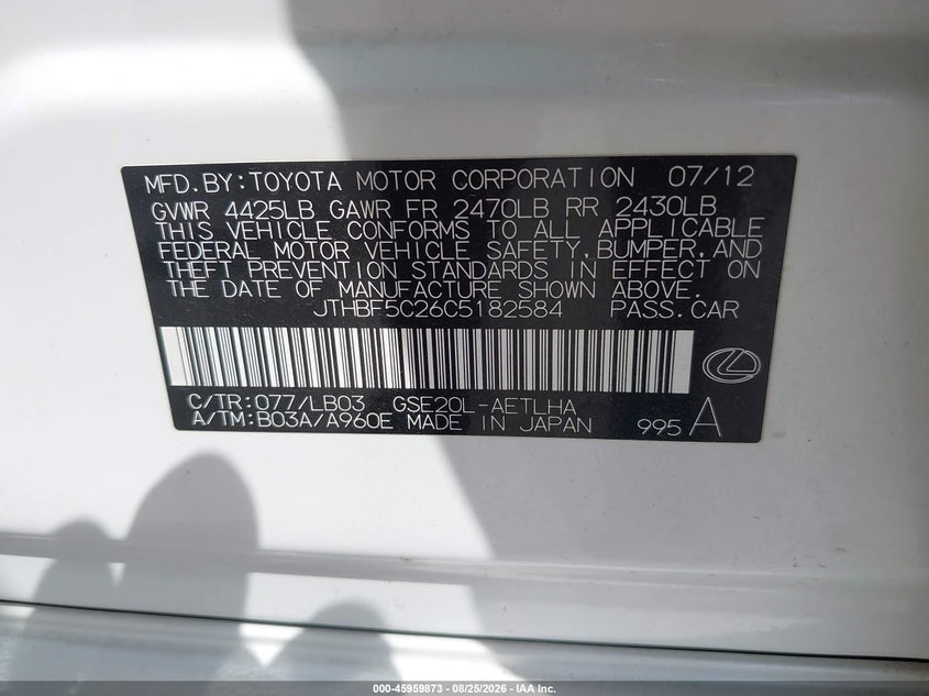 LEXUS IS 250 2012 VIN JTHBF5C26C5182584