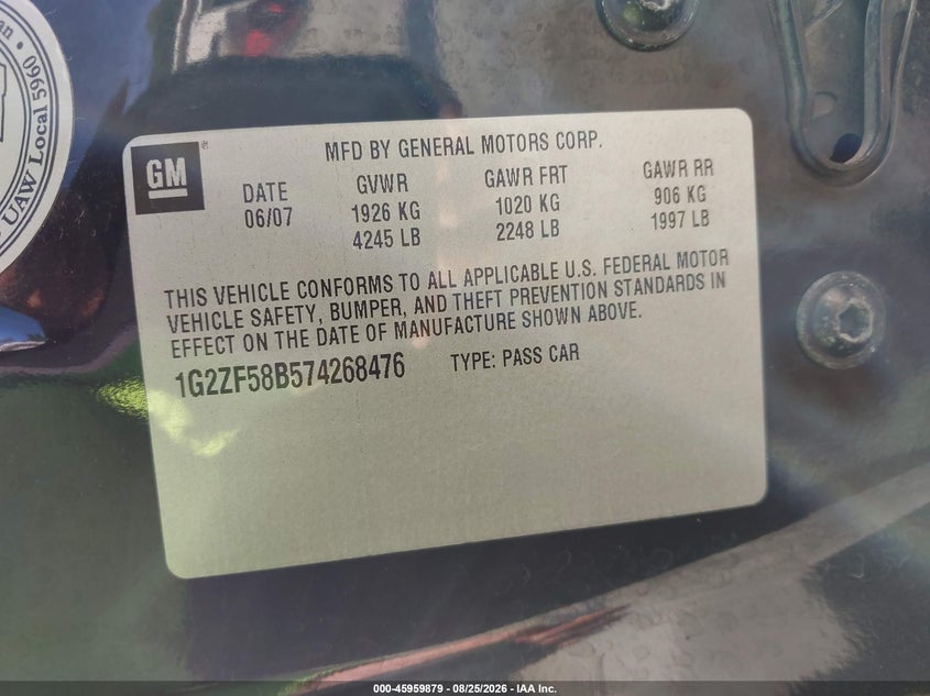 PONTIAC G6 2007 VIN 1G2ZF58B574268476