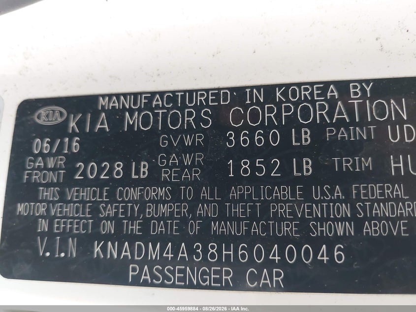 KIA RIO 2017 VIN KNADM4A38H6040046