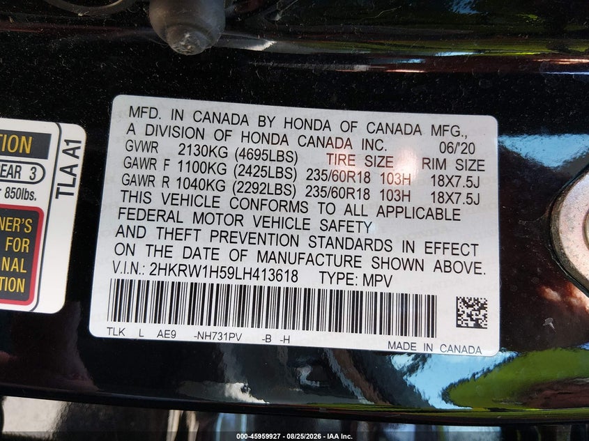 HONDA CR-V 2020 VIN 2HKRW1H59LH413618