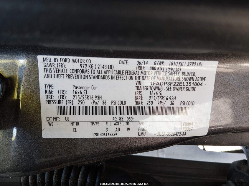 FORD FOCUS 2014 VIN 1FADP3F22EL351804