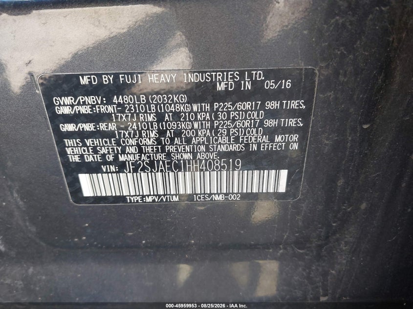 2017 SUBARU FORESTER SPORT UTILITY VEHICLE 2.5L H-4 DOHC, VVT, 170HP