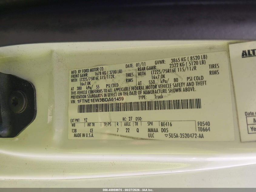 FORD E-150 2011 VIN 1FTNE1EW3BDA61459