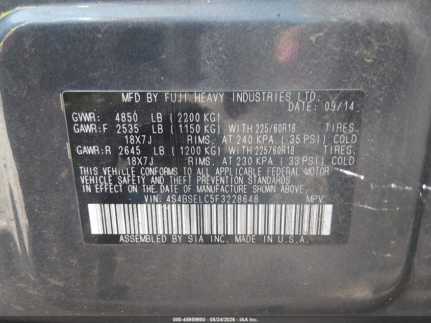 SUBARU OUTBACK 2015 VIN 4S4BSELC5F3228648