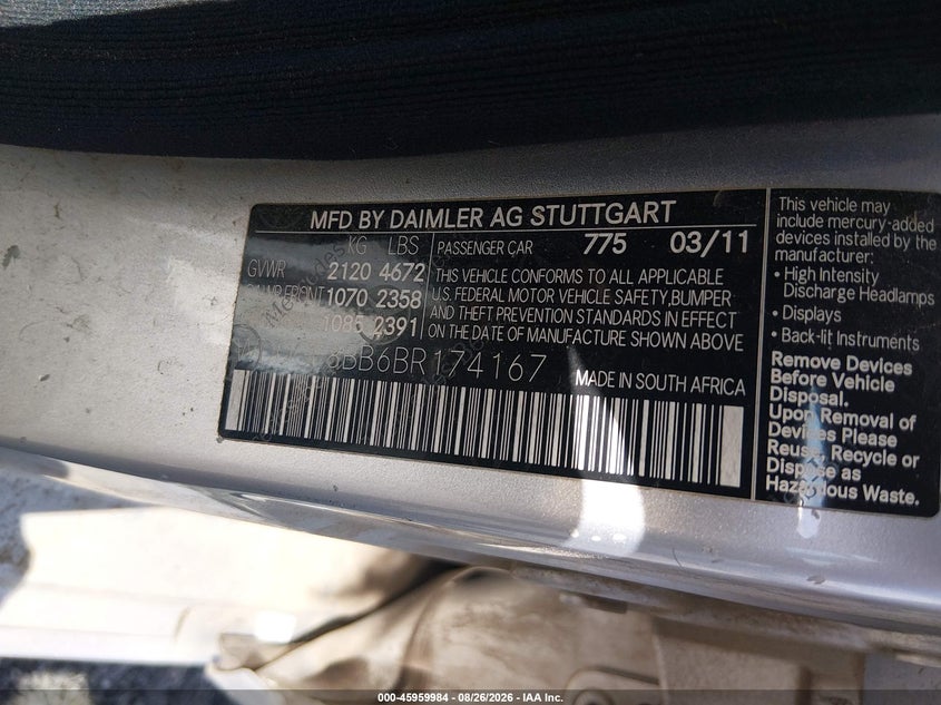 MERCEDES-BENZ C 300 2011 VIN WDDGF8BB6BR174167