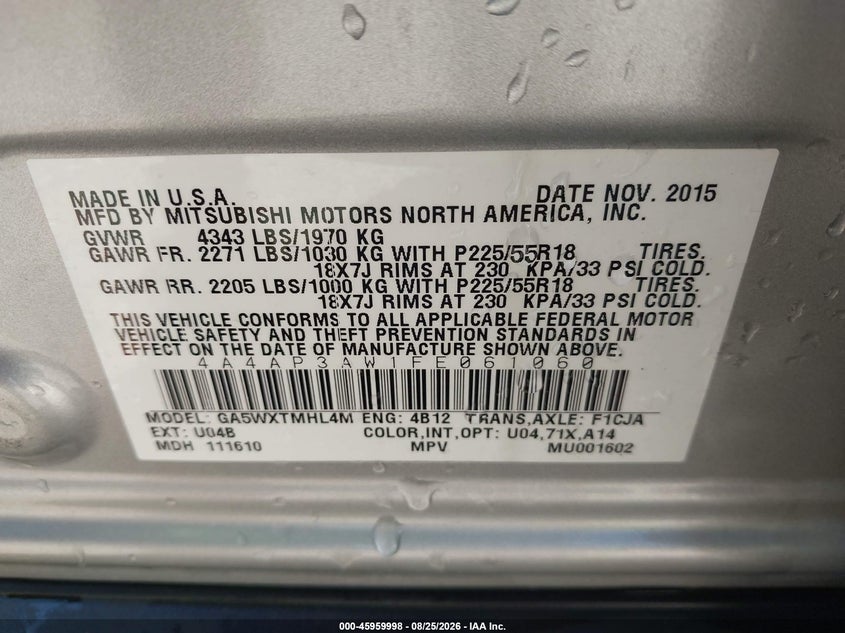 MITSUBISHI OUTLANDER SPORT 2015 VIN 4A4AP3AW1FE061060