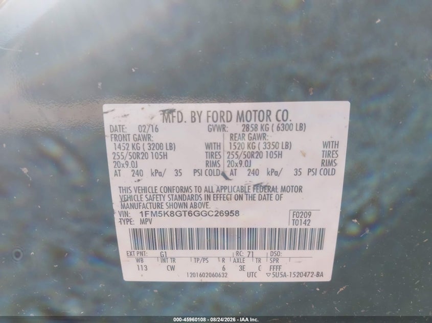 FORD EXPLORER 2016 VIN 1FM5K8GT6GGC26958