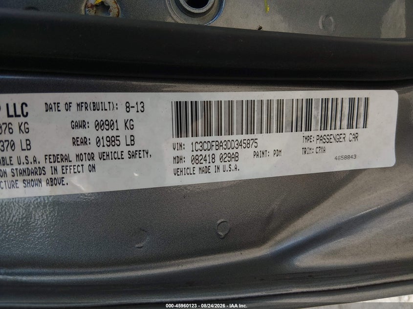 DODGE DART 2013 VIN 1C3CDFBA3DD345875