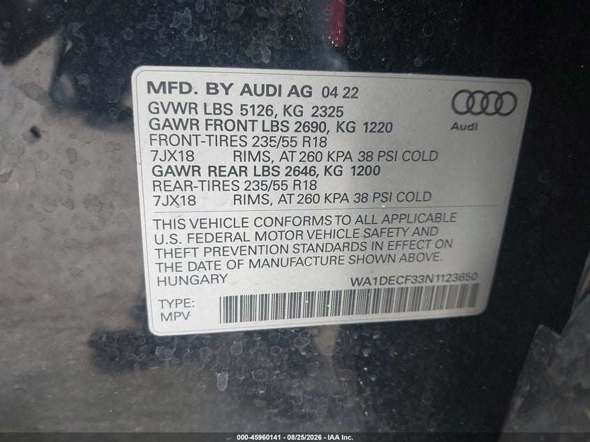 AUDI Q3 2022 VIN WA1DECF33N1123650