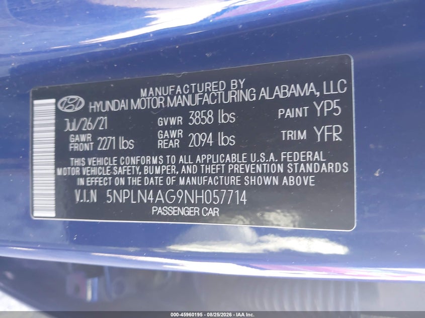HYUNDAI ELANTRA 2022 VIN 5NPLN4AG9NH057714