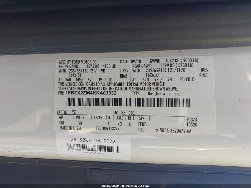 FORD TRANSIT-350 2019 VIN 1FBZX2ZM4KKA03032