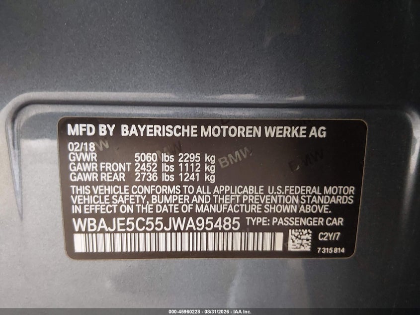 BMW 540I 2018 VIN WBAJE5C55JWA95485