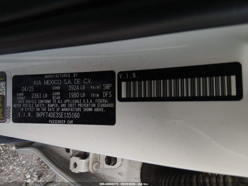 KIA K4 2025 VIN 3KPFT4DE3SE135160