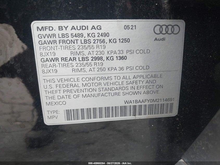 AUDI Q5 2021 VIN WA1BAAFY0M2114691