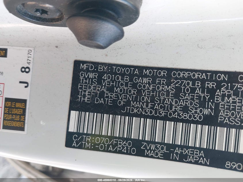 TOYOTA PRIUS 2015 VIN JTDKN3DU3F0438030