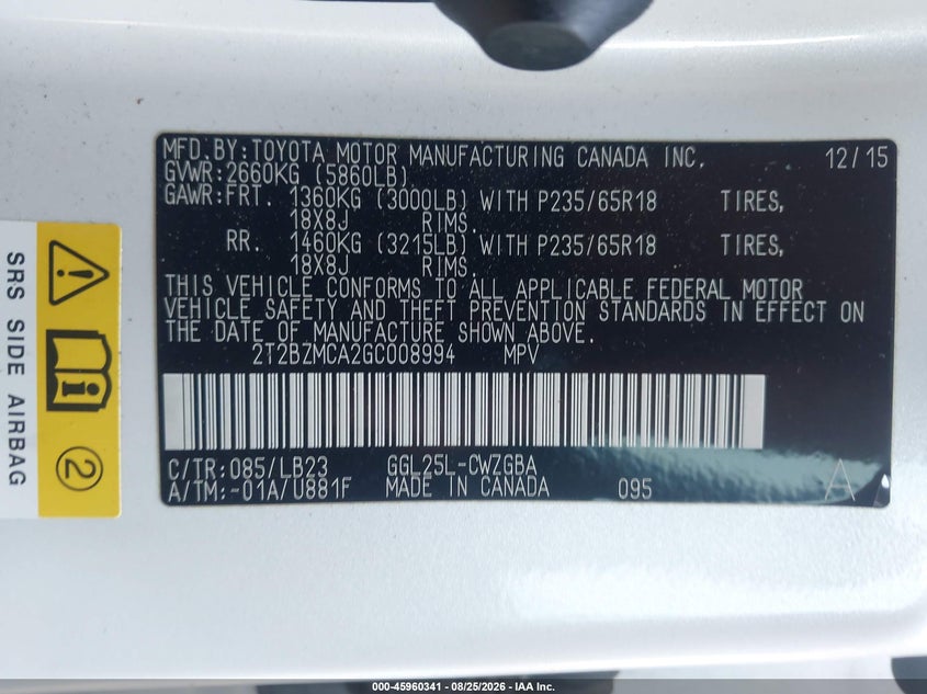 LEXUS RX 350 2016 VIN 2T2BZMCA2GC008994
