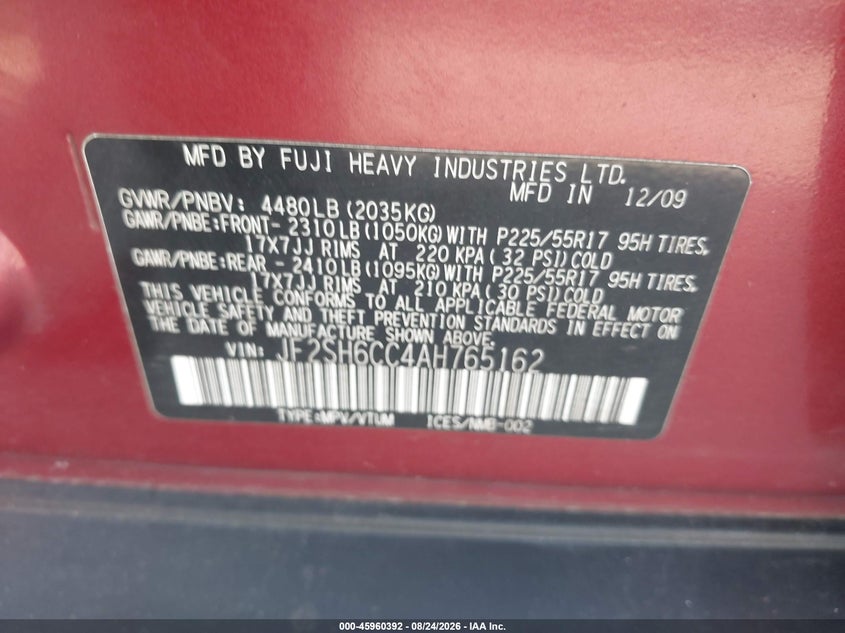 2010 SUBARU FORESTER SPORT UTILITY VEHICLE 2.5L H-4 VVT, REGULAR , 170HP