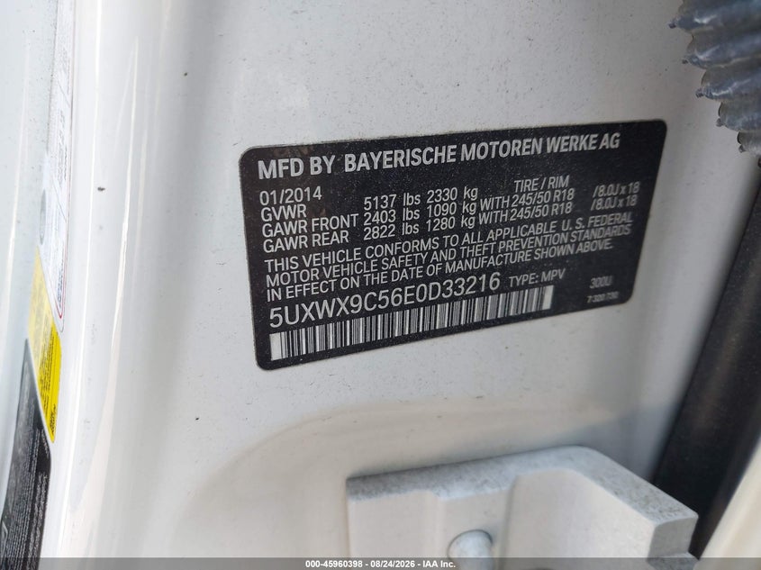 BMW X3 2014 VIN 5UXWX9C56E0D33216