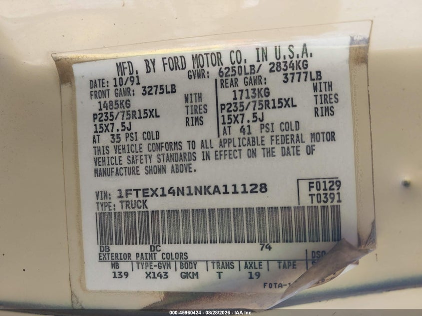 FORD F150 1992 VIN 1FTEX14N1NKA11128