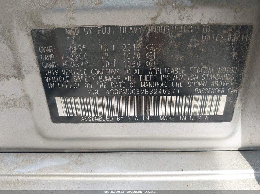 2011 SUBARU LEGACY SEDAN 2.5L H-4 VVT, 170HP