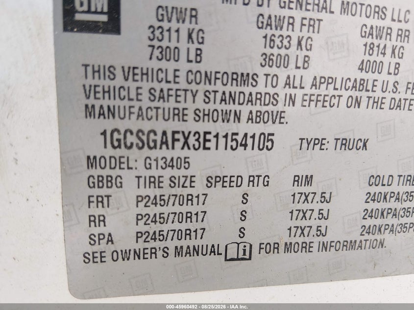 CHEVROLET EXPRESS 1500 2014 VIN 1GCSGAFX3E1154105