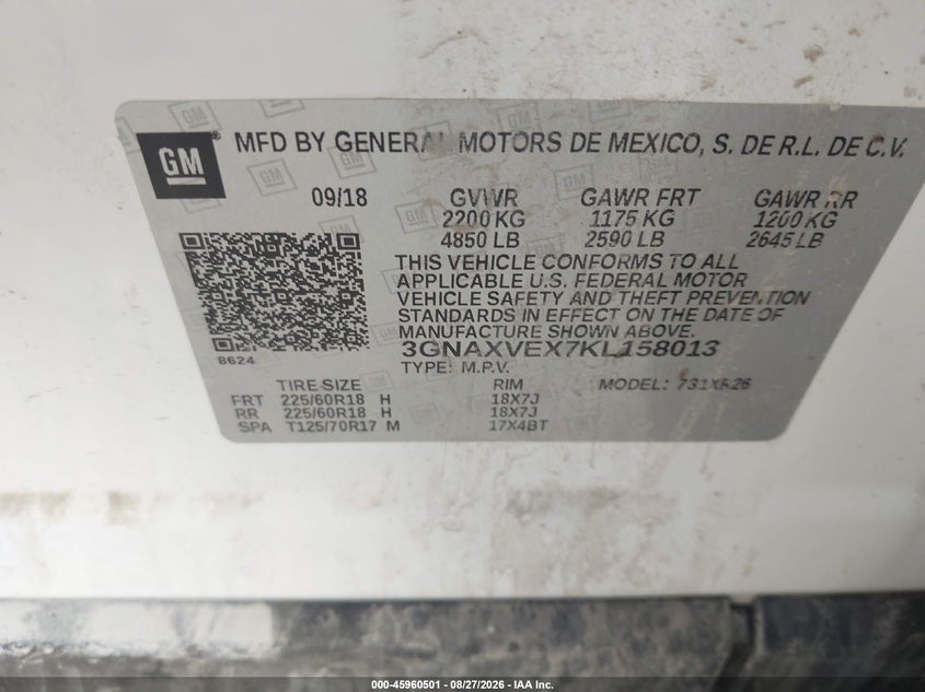 CHEVROLET EQUINOX 2019 VIN 3GNAXVEX7KL158013