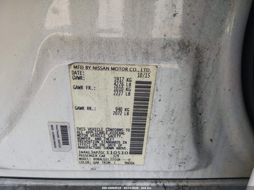NISSAN ALTIMA 2016 VIN 1N4AL3AP2GC110510