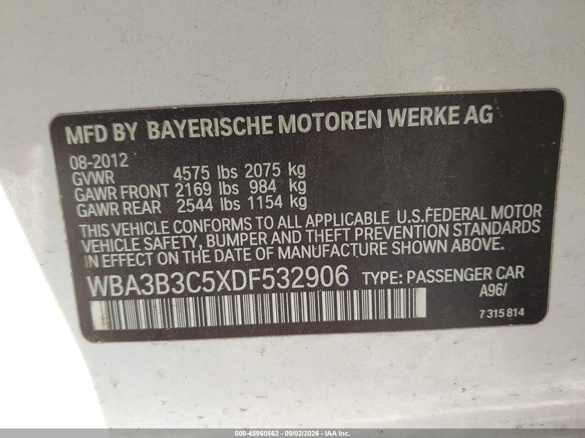 BMW 328I 2013 VIN WBA3B3C5XDF532906