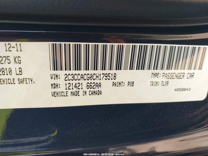 CHRYSLER 300 2012 VIN 2C3CCACG0CH179518