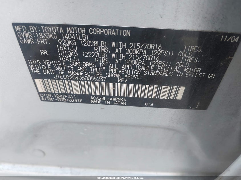 TOYOTA RAV4 2005 VIN JTEGD20V050055237