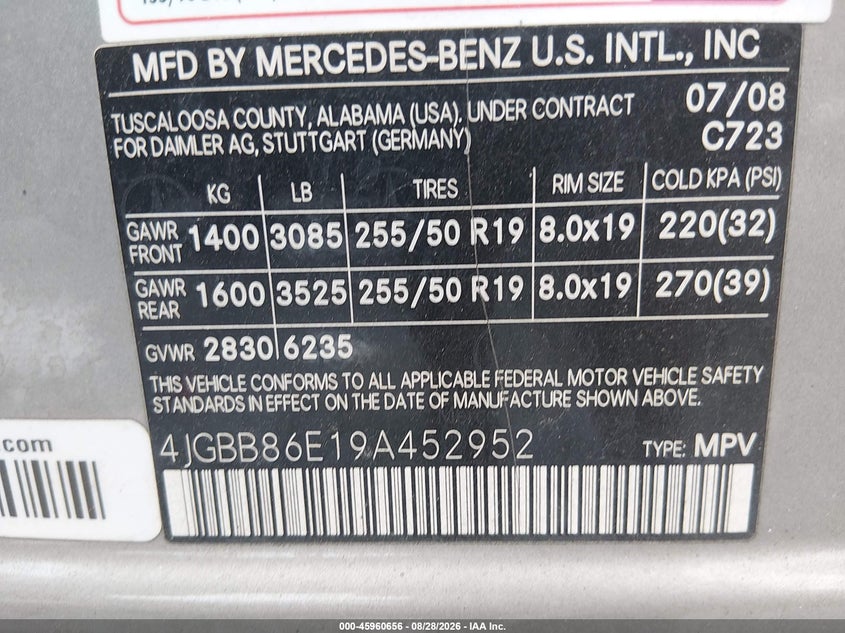 MERCEDES-BENZ ML 2009 VIN 4JGBB86E19A452952