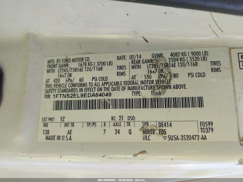 FORD E-250 2014 VIN 1FTNS2EL9EDA64049