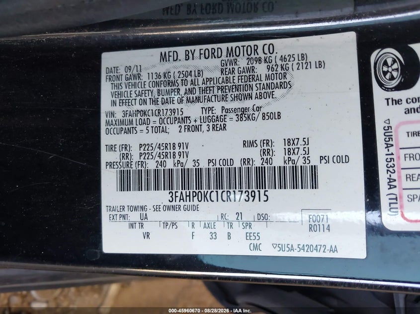 FORD FUSION 2012 VIN 3FAHP0KC1CR173915