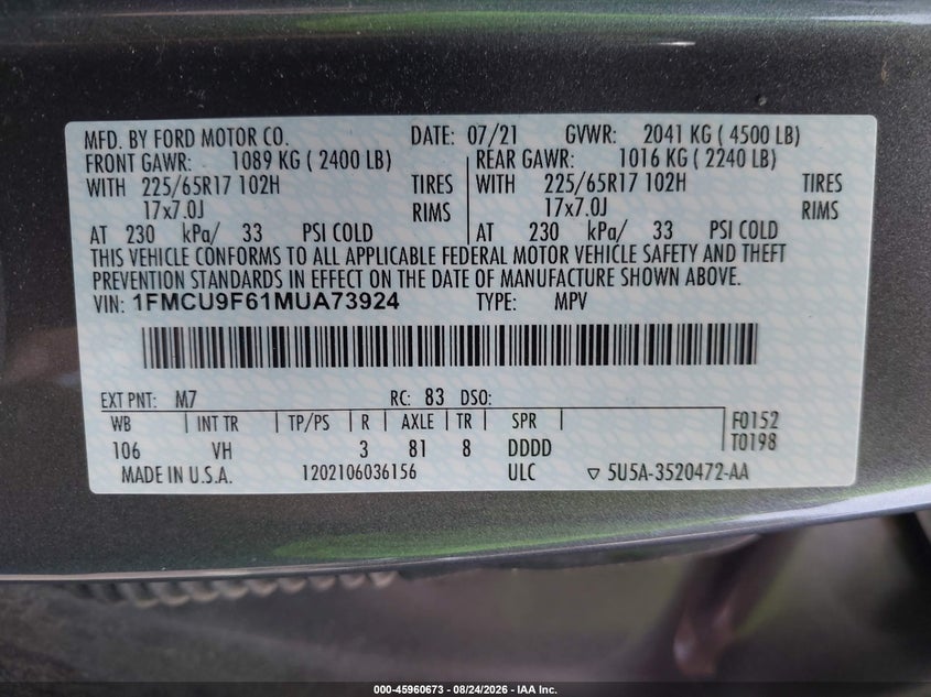 FORD ESCAPE 2021 VIN 1FMCU9F61MUA73924