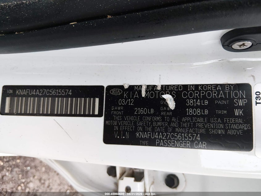 KIA FORTE 2012 VIN KNAFU4A27C5615574