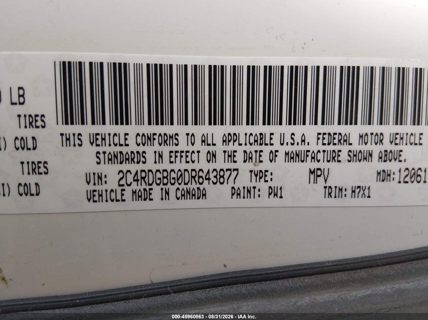 DODGE GRAND CARAVAN 2013 VIN 2C4RDGBG0DR643877