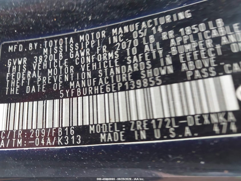 2014 TOYOTA COROLLA SEDAN 1.8L I-4 DOHC, VVT, REGULAR , 132HP