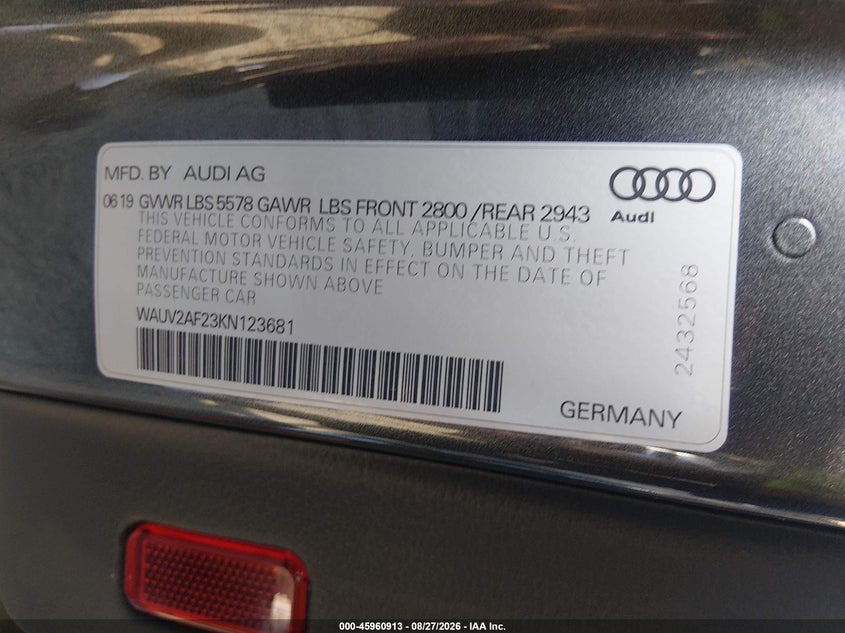 AUDI A7 2019 VIN WAUV2AF23KN123681