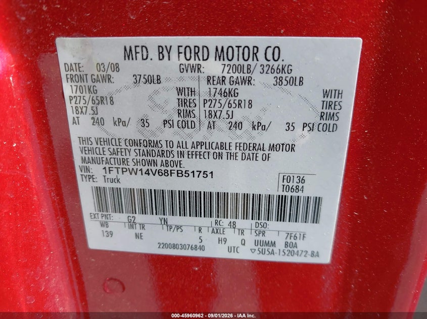 FORD F-150 2008 VIN 1FTPW14V68FB51751